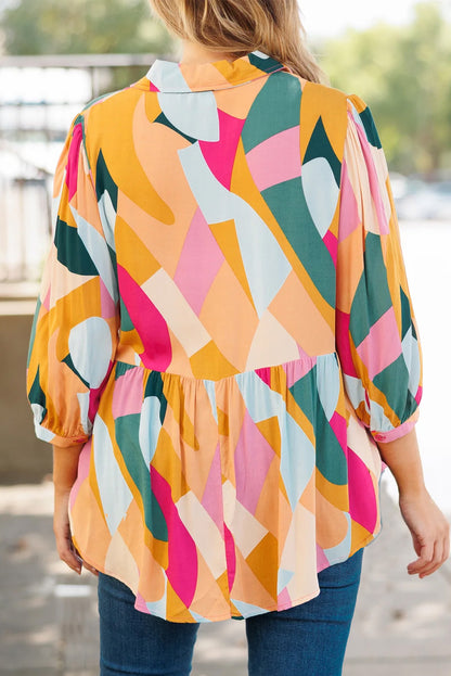 Geometric Print Bracelet Sleeve Henley Blouse | Multicolour