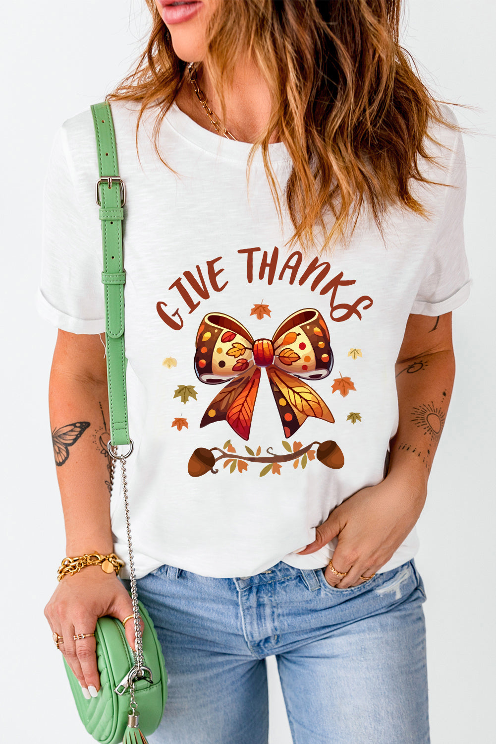 Give Thanks Bowknot Graphic Cuffed Sleeve T Shirt | White