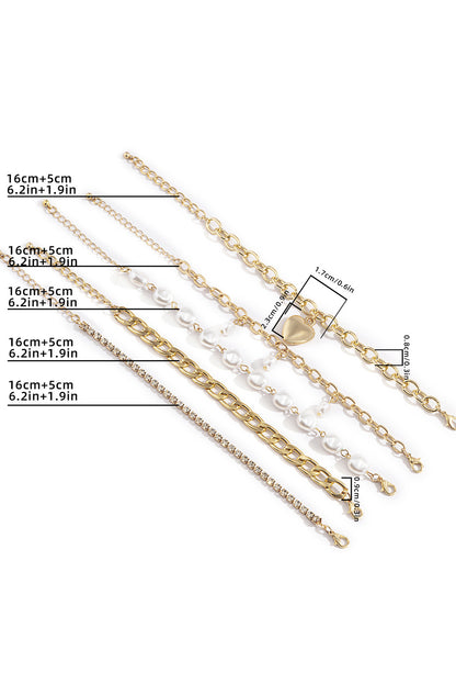 Heart Pendant Pearl Rhinestone Chain Bracelet Set | Gold