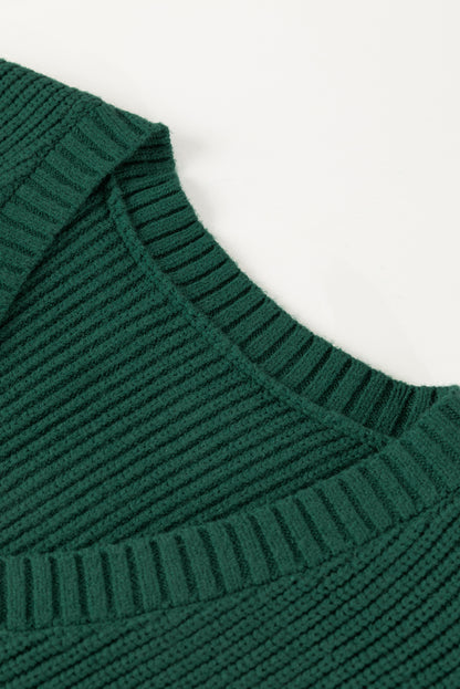 Chest Pocket V Neck Ribbed Cap Sleeve Sweater | Blackish Green