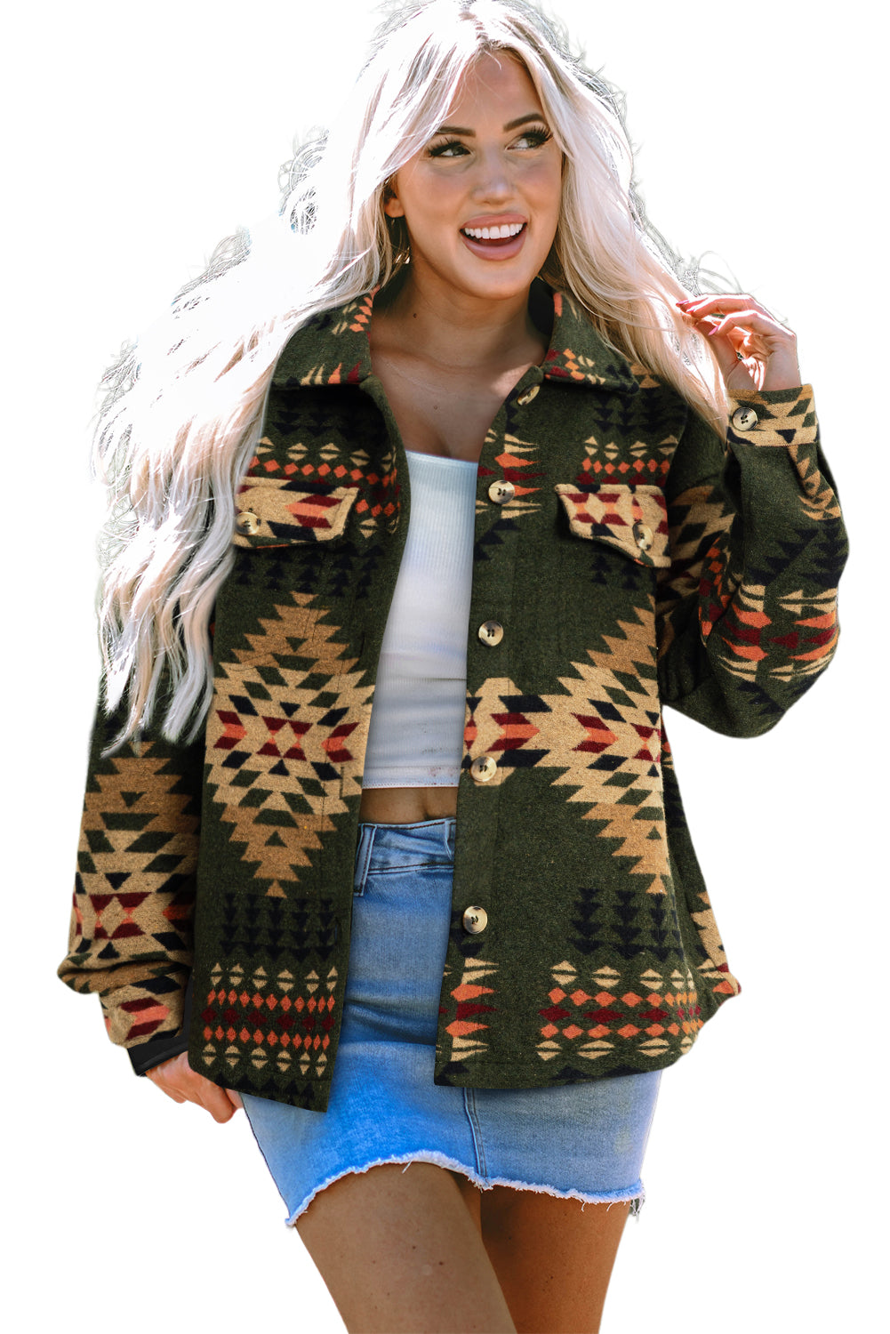 Aztec Print Flap Pockets Long Sleeve Shacket | Green