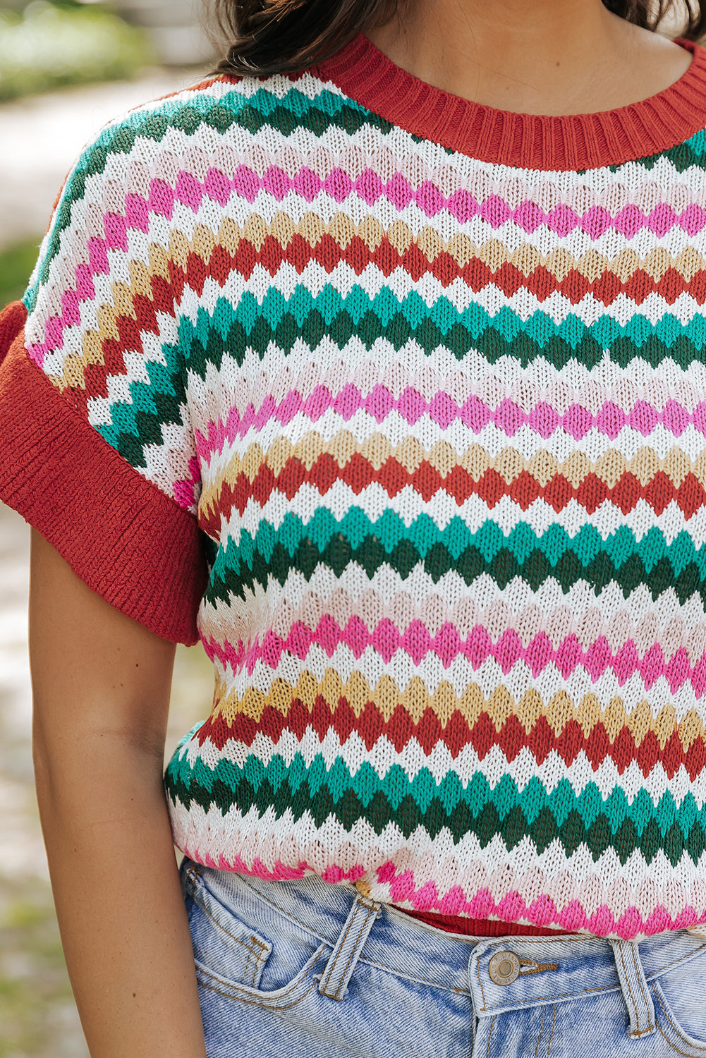 Trimmed Ruffle Sleeve Colourful Textured Sweater | Fiery Red