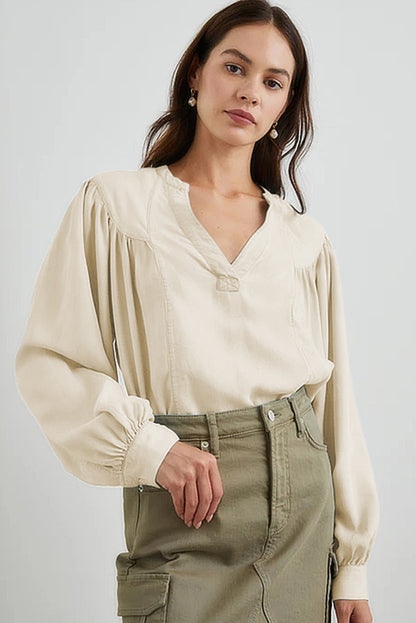 Solid Colour Lantern Sleeve Notched V Neck Blouse | White