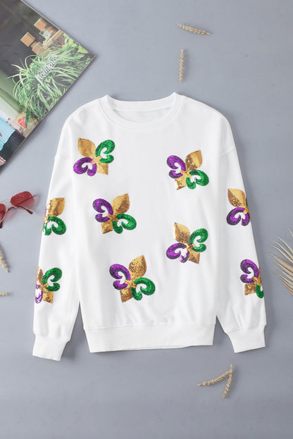 Sequin Mardi Gras Graphic Pullover Sweatshirt | White