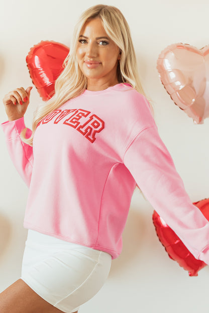 Lover Puff Print Drop Shoulder Pullover Sweatshirt | Pink