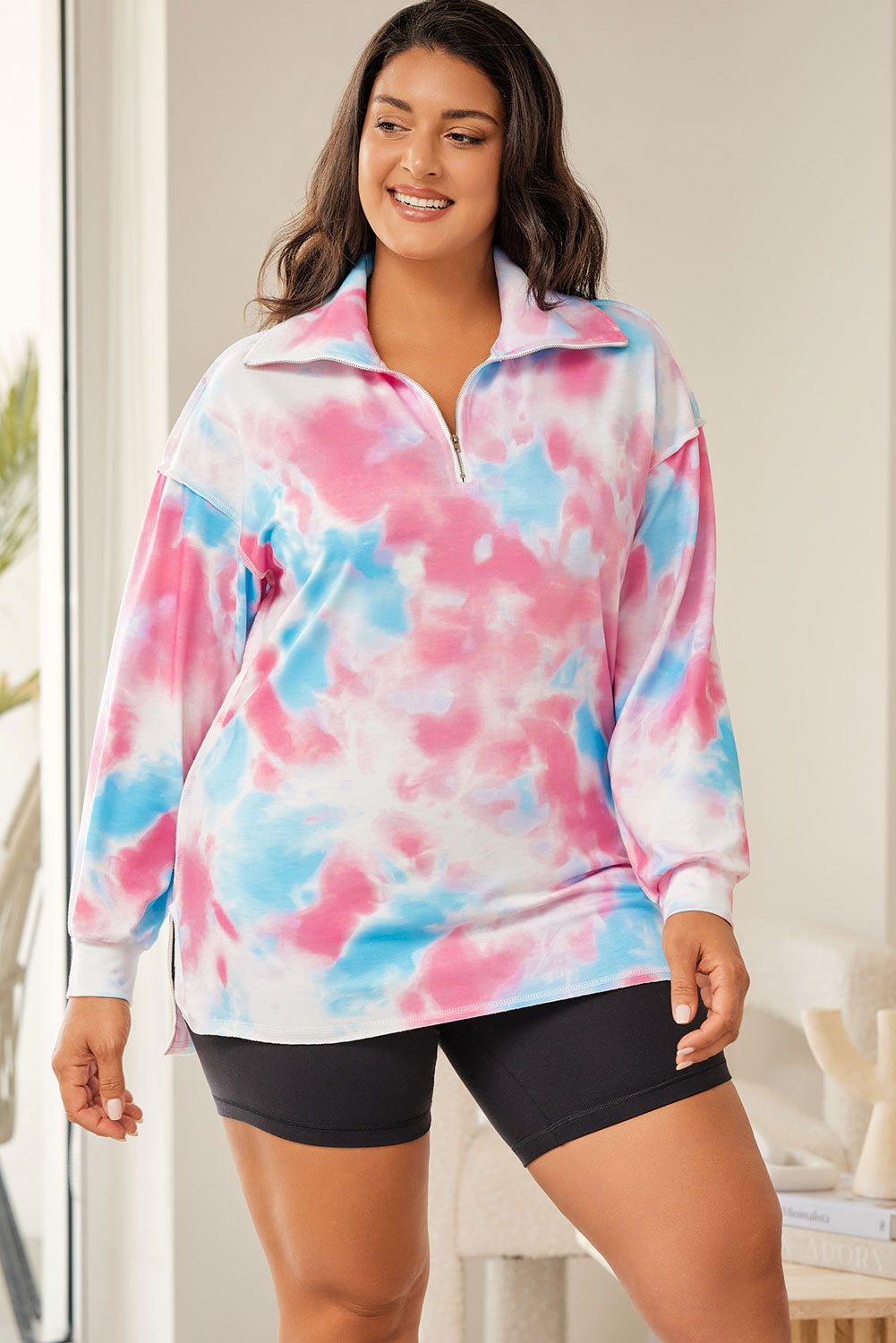 Multicolor Plus Size Tie-dye Zipped Collared Pullover Sweatshirt