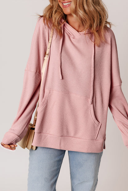 Waffle Knit Fleece Lined High Low Oversized Hoodie | Light Pink