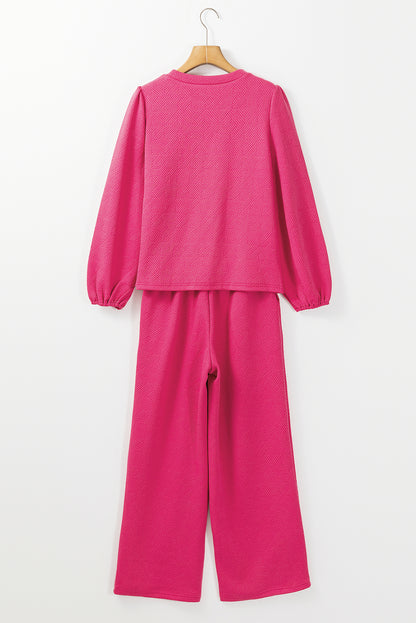 Textured Puff Sleeve Top And Pants Set | Rose Red