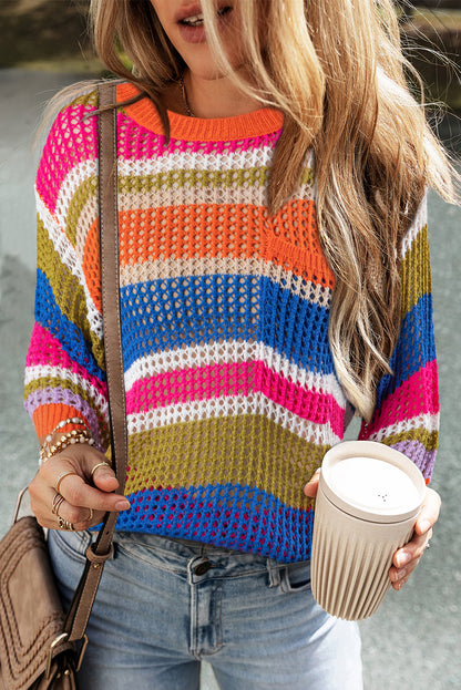 Colourblock Hollowed Crochet 3/4 Sleeve Sweater | Orange Stripe