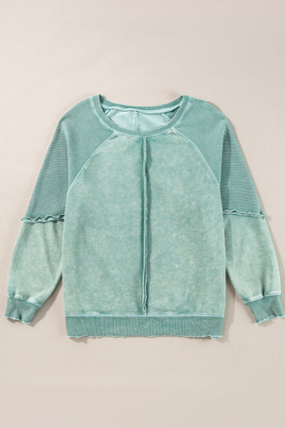 Solid Waffle Knit Patchwork Raglan Sleeve Sweatshirt | Mineral Blue