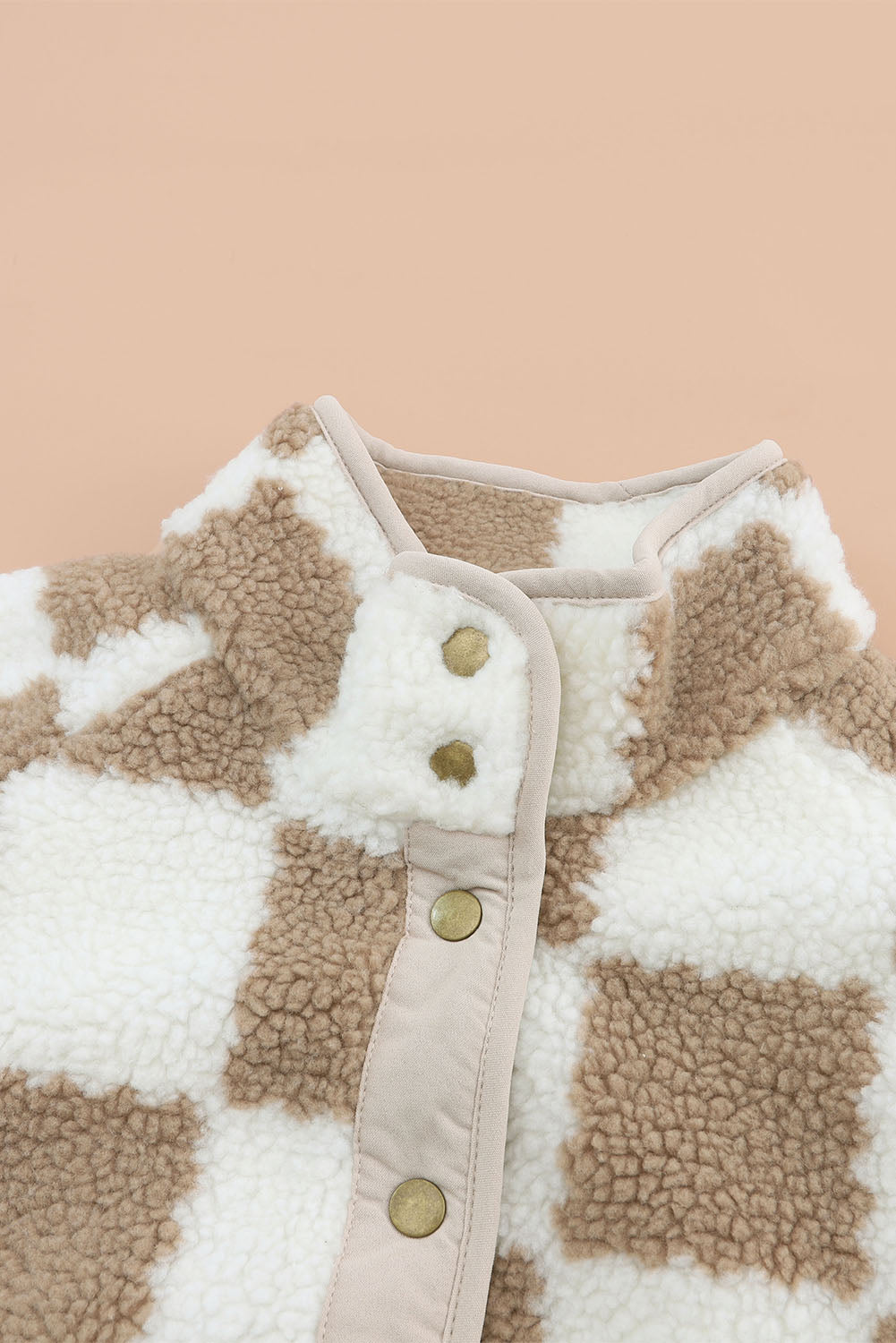 Checked Snap Button Sherpa Jacket | Brown