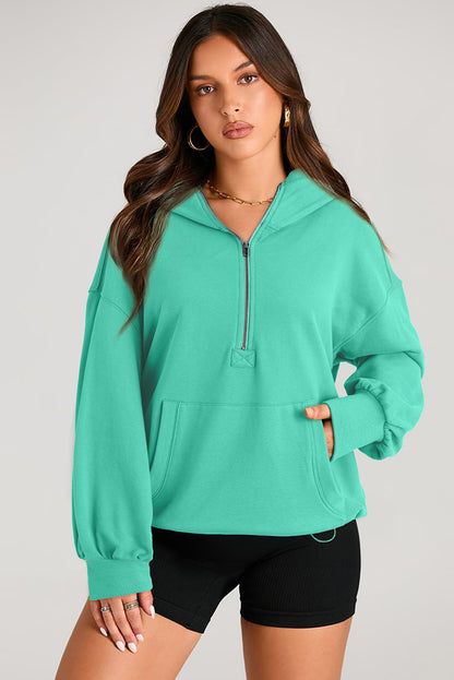 Solid Kangaroo Pocket Half Zipper Oversized Hoodie | Aruba Blue