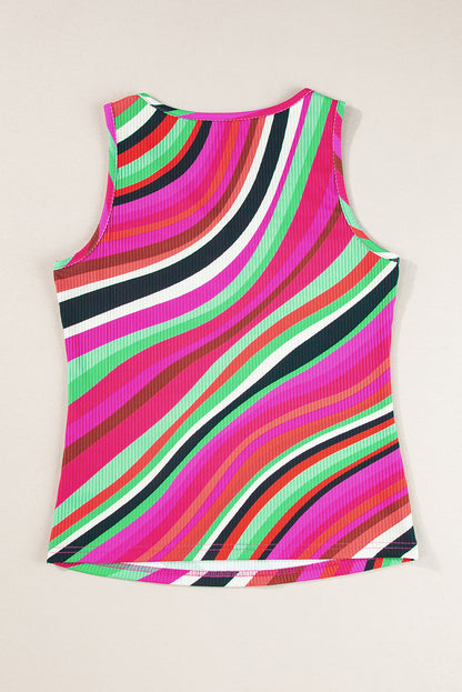 Wavy Striped Buttoned V Neck Tank Top | Purple