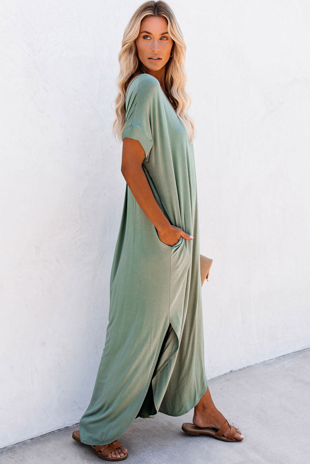 V Neck Hidden Pocket Splits Maxi T-Shirt Dress | Grass Green