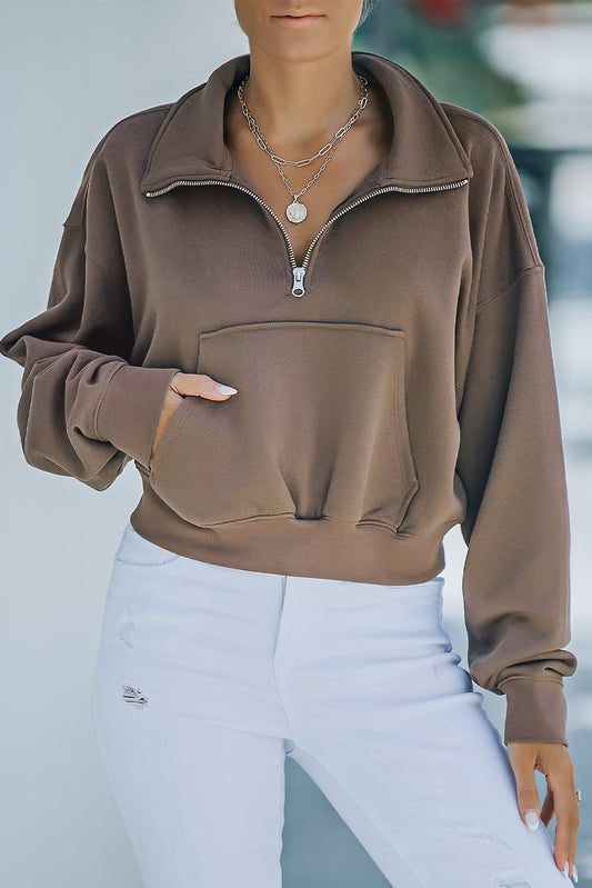 Brown Zipped Turn Down Collar Cropped Sweatshirt with Pocket