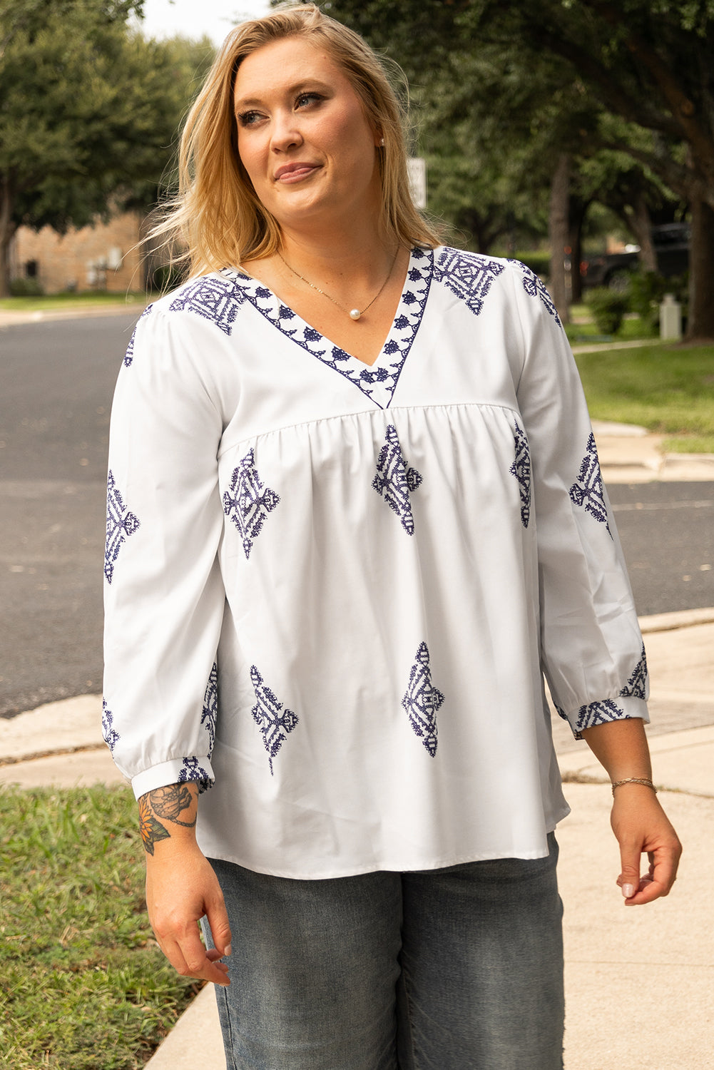 Boho Geometric Print V Neck Bracelet Sleeve Plus Size Blouse | White