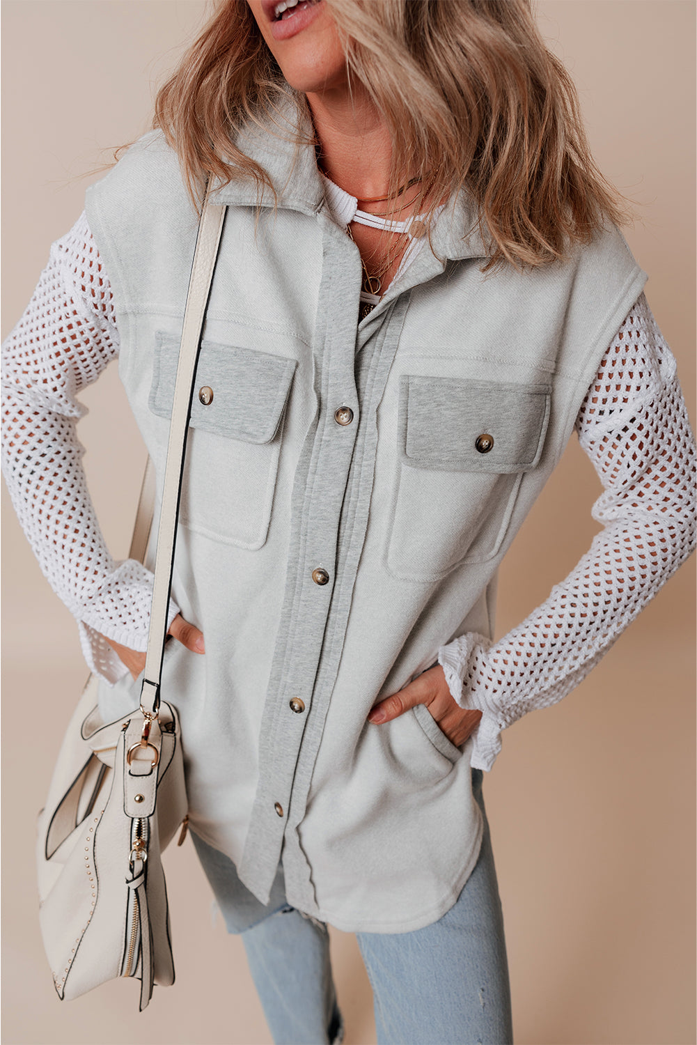 Flap Pockets Contrast Buttons Front Jacket Vest | Light Grey