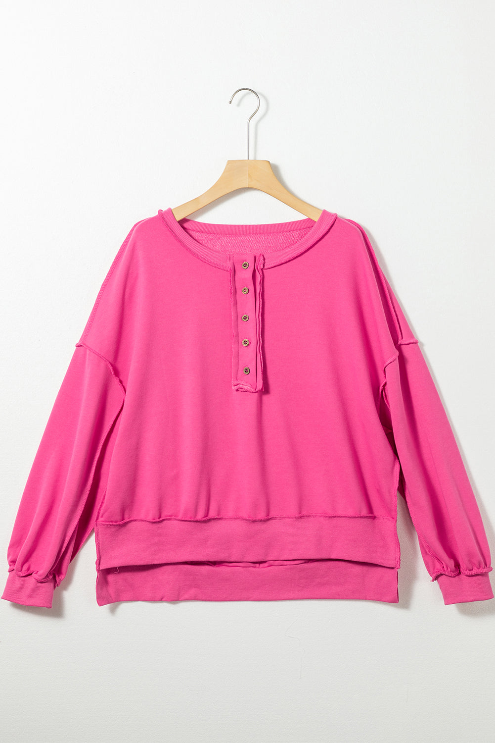 Drop Shoulder Henley Buttons Sweatshirt | Strawberry Pink