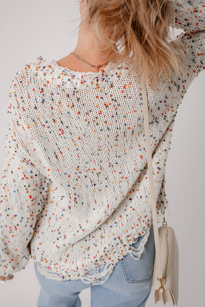 Colourful Confetti Distressed Knit Sweater | White