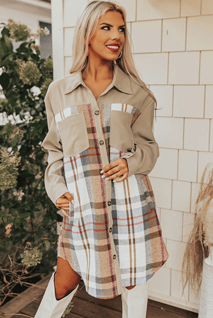 Plaid Patchwork Long Sleeve Shirt Mini Dress | Khaki