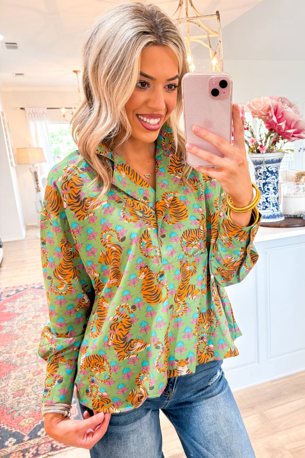 Tiger Floral Printed Collared V Neck Casual Shirt | Green