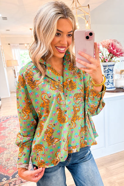 Tiger Floral Printed Collared V Neck Casual Shirt | Green