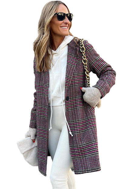 Plaid Lapel Collar One Button Midi Coat | Pink