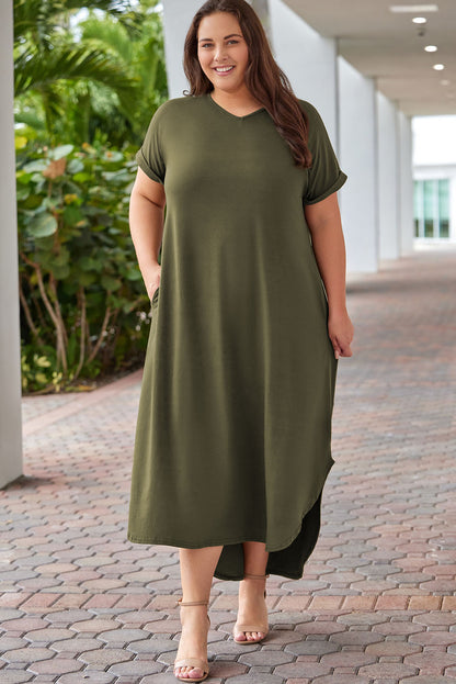 Plus Size V Neck Rolled Cuffs Maxi Dress | Green