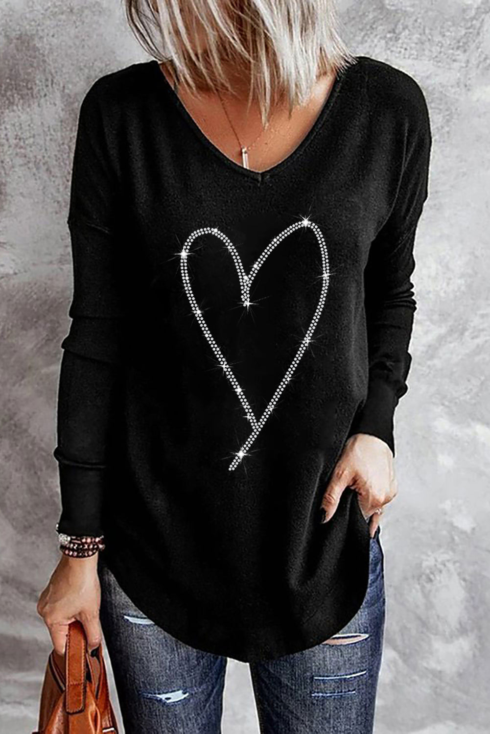 Black Rhinestone Heart Shaped V Neck Long Sleeve Top