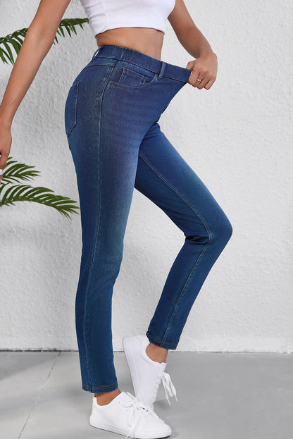 Multiple Pockets Straight Leg Washed Stretchy Knit Casual Jeans | Ashleigh Blue