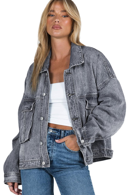 Chest Pockets Drop Shoulder Loose Denim Jacket | Gray