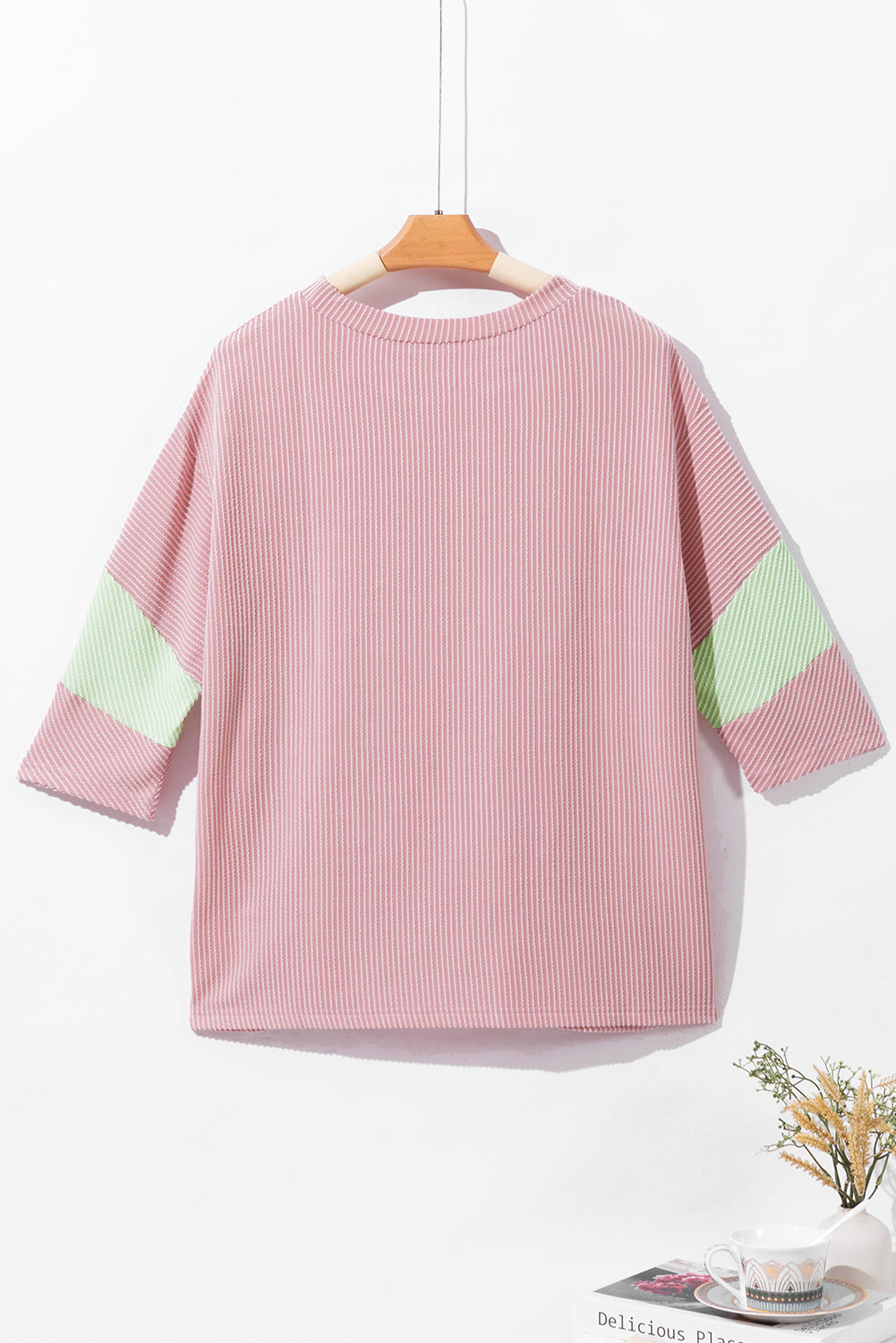 Colour Block Ribbed Knit Quarter Sleeve Top | Light Pink