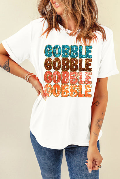 Heat Transfer Gobble Graphic Crewneck Thanksgiving T Shirt | White