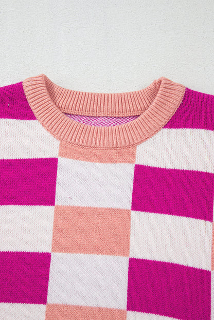 Checkered Ribbed Edge O Neck Drop Shoulder Sweater | Pink