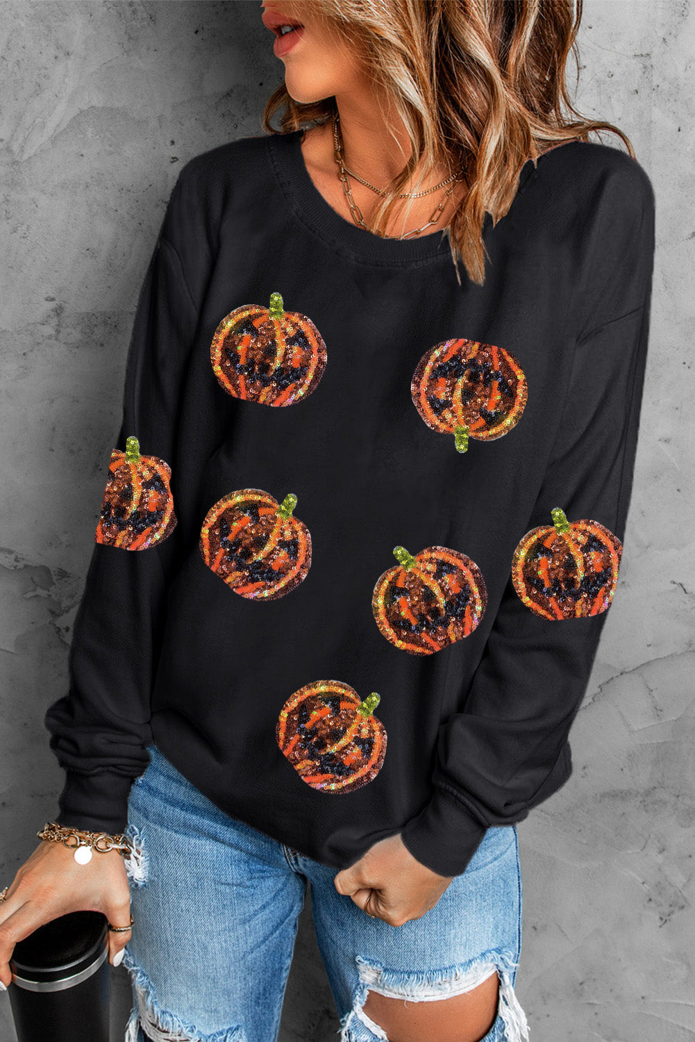 Sequin Halloween Pumpkin Graphic Pullover Sweatshirt | Black