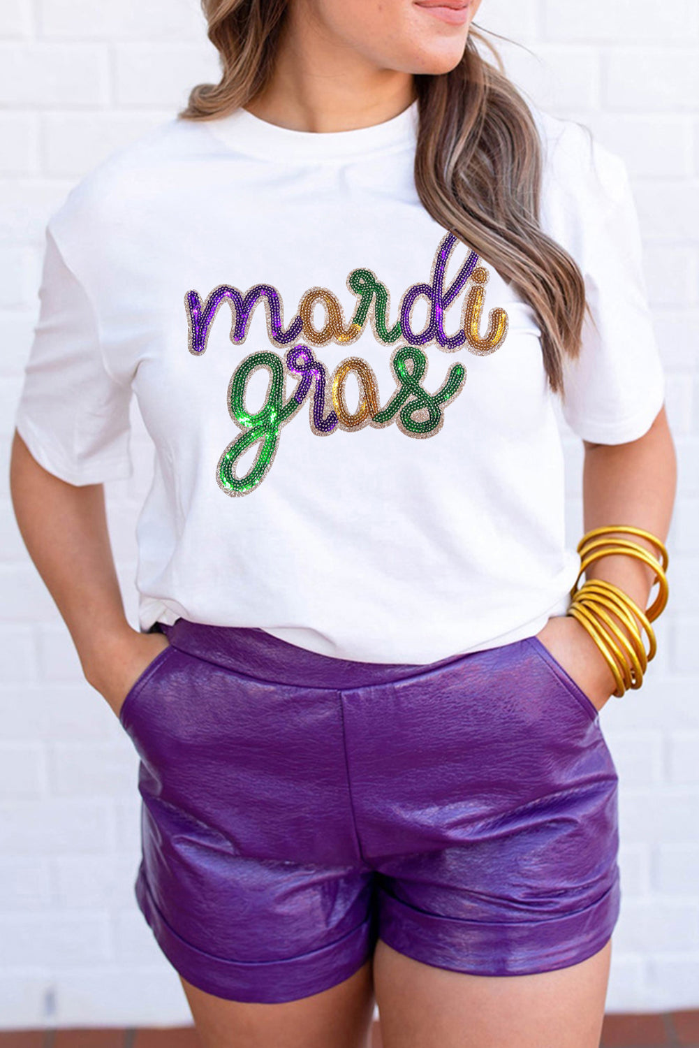 White Sequin mardi gras Graphic T Shirt