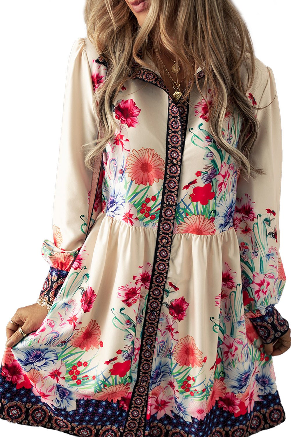 Floral Print Buttoned High Waist Shirt Mini Dress | Apricot