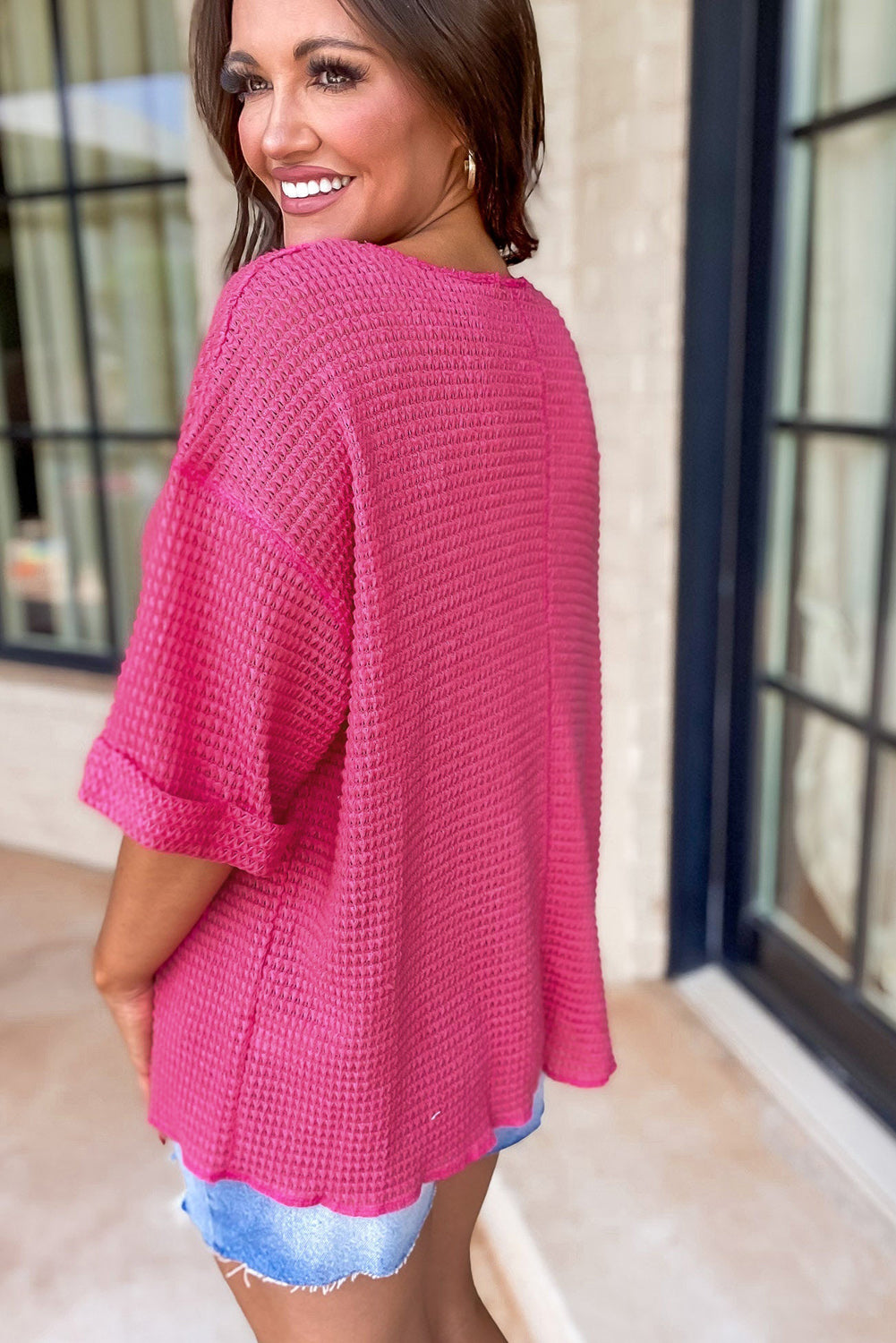 Textured Knit Split Neck Cuffed Short Sleeve Top | Strawberry Pink