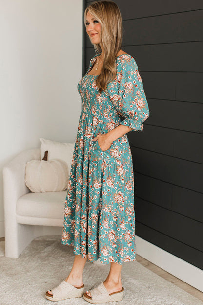 Plus Size Floral Print Square Neck Smocked Maxi Dress | Green