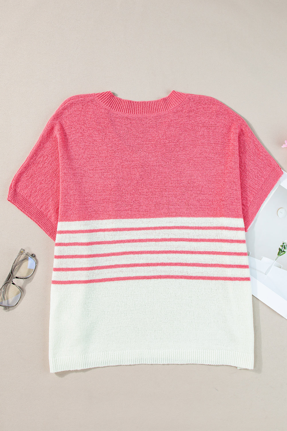 Contrast Stripes V Neck Knitted Short Sleeve Top | Strawberry Pink