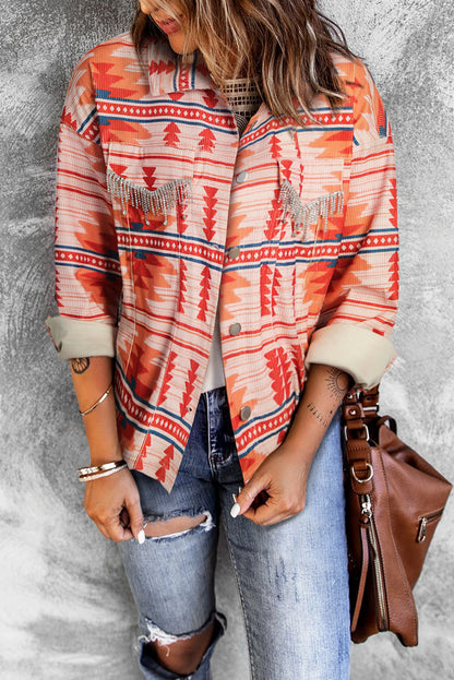 Fiery  Western Aztec Print Corduroy Jacket | Red