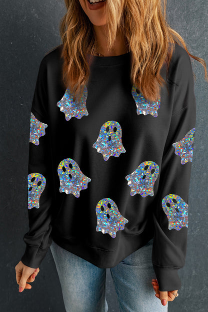 Glitter Ghosts Pattern Long Sleeve Halloween Sweatshirt | Black