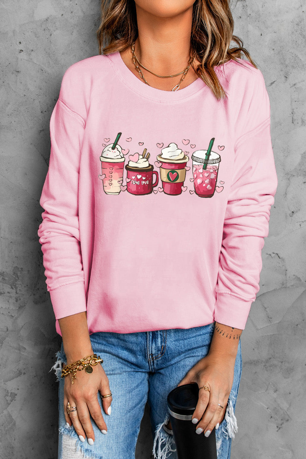 Valentines Sweet Drinking Graphic Print Sweatshirt | Pink