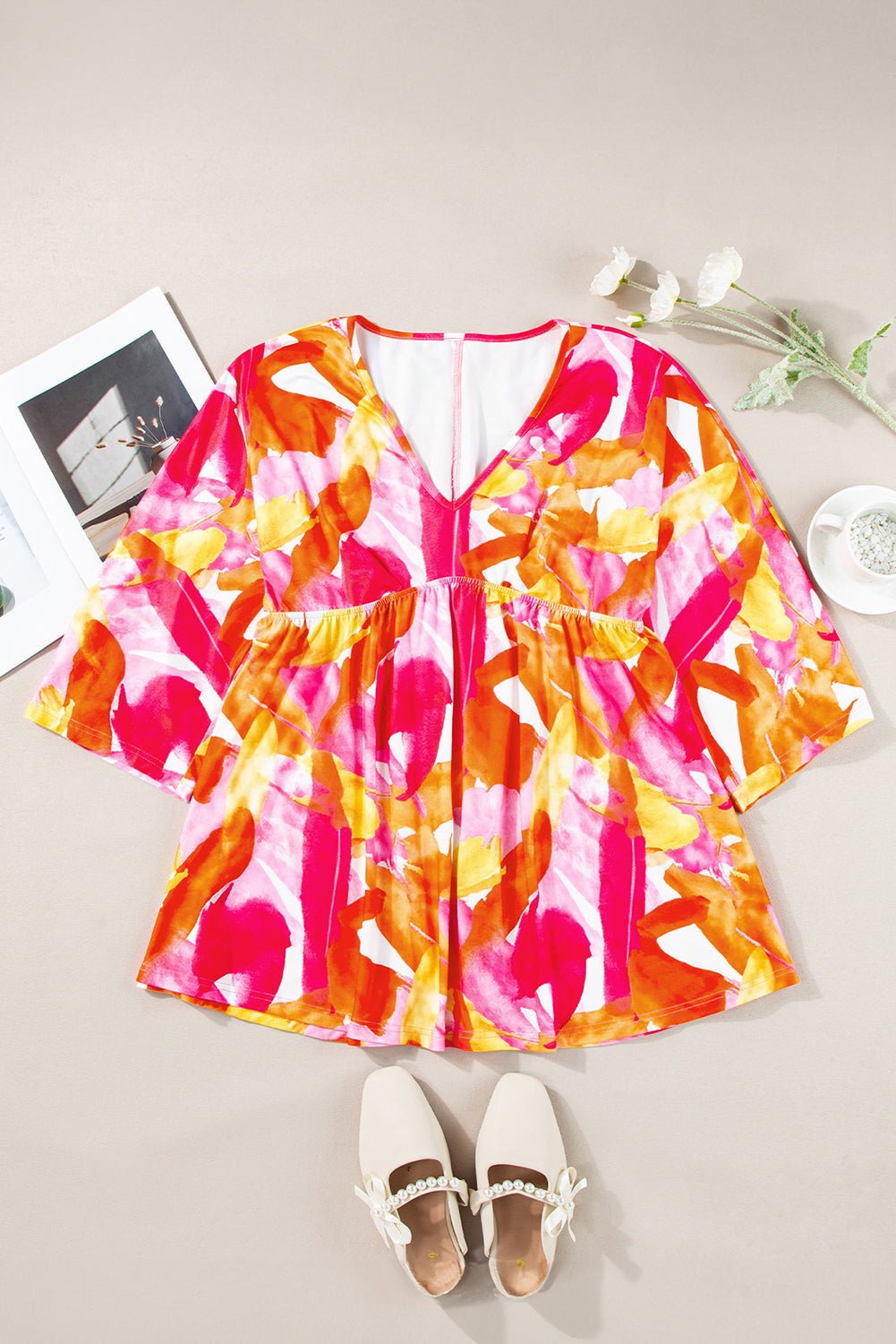 Abstract Print 3/4 Sleeve V Neck Ruffled Babydoll Blouse | Orange