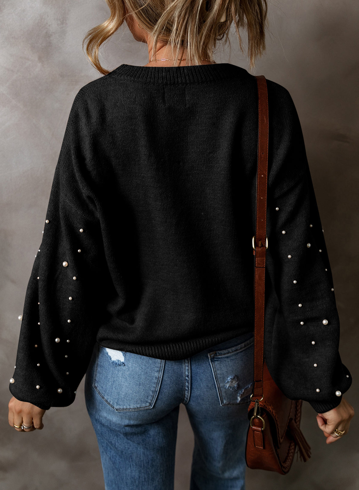 Pearled Drop Shoulder Round Neck Sweater | Black