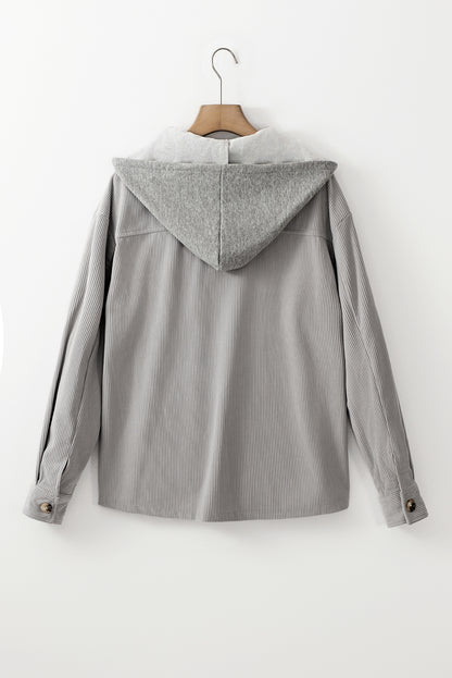 Hooded Drawstring Pockets Corduroy Shacket | Light Grey