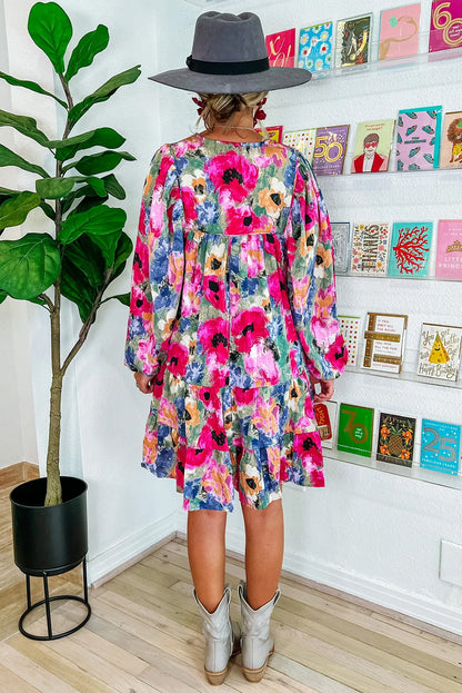 Floral Tie Neck Bubble Sleeve Shift Dress | Multicolour