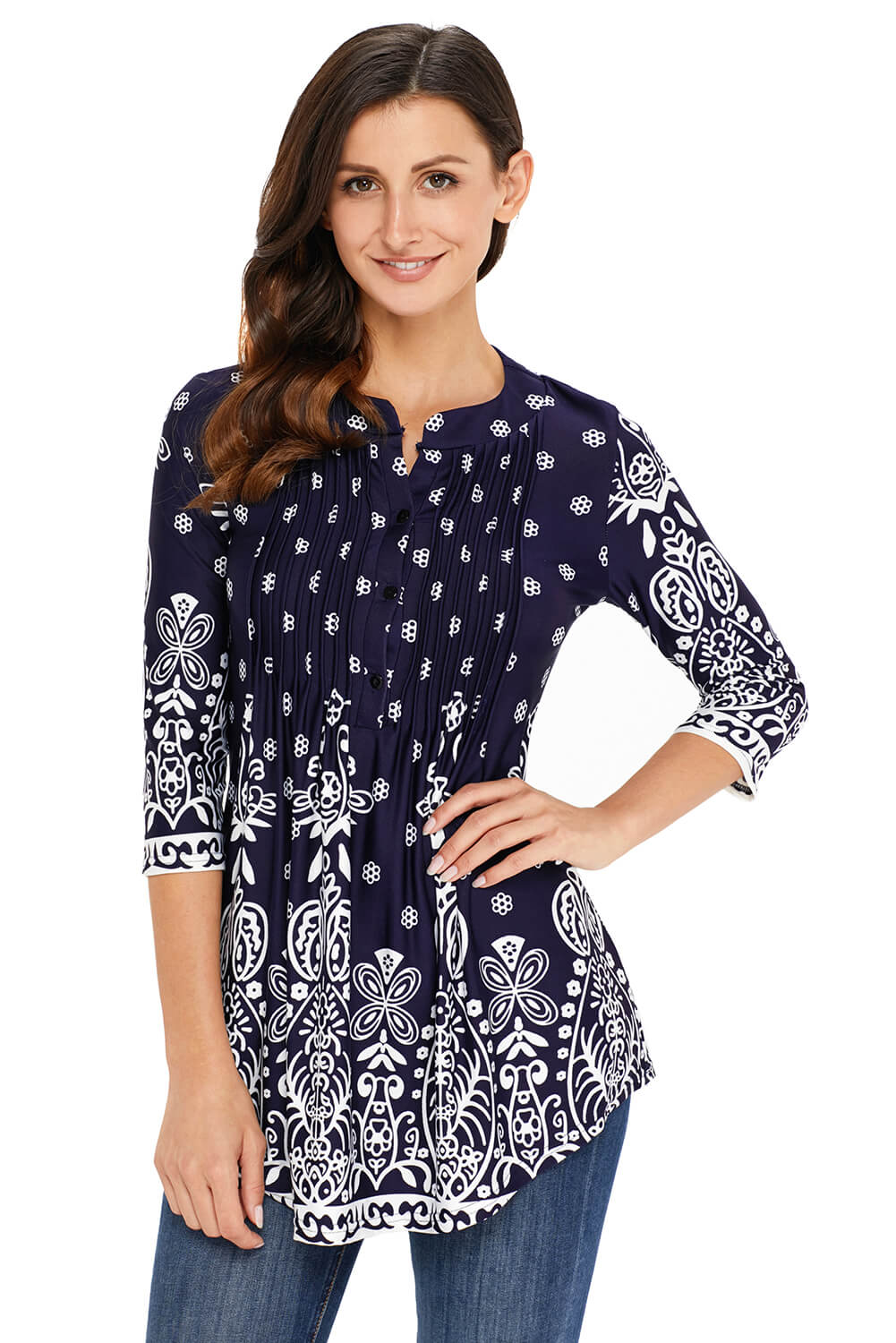 Navy  Floral Notch Neck Pin-Tuck Tunic | Blue