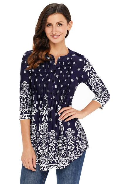 Navy  Floral Notch Neck Pin-Tuck Tunic | Blue