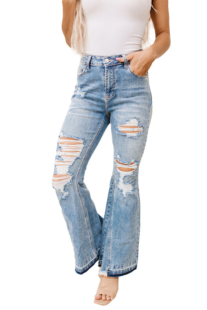 Light Wash Distressed High Rise Flare Jeans | Sky Blue